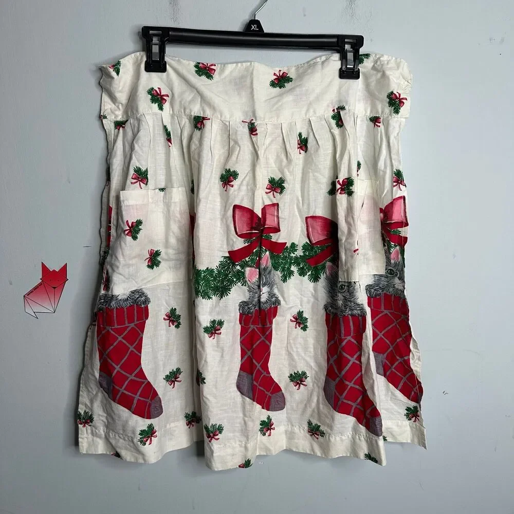 Vintage Holiday Christmas Skirt Apron Gray Kittens in Stockings Cotton